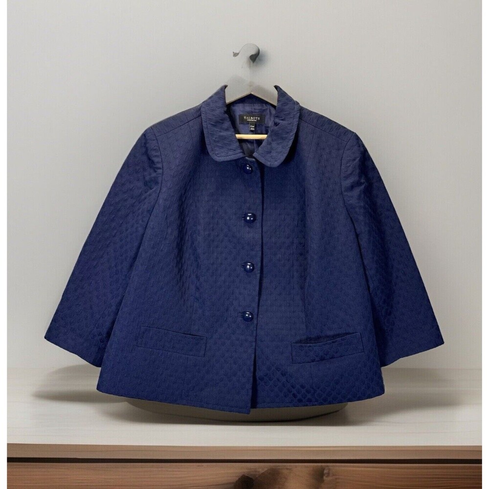 Talbots Cropped Jacket 22 P Mod Collar Polka Dot Texture 3/4‎ Sleeve Navy Blue